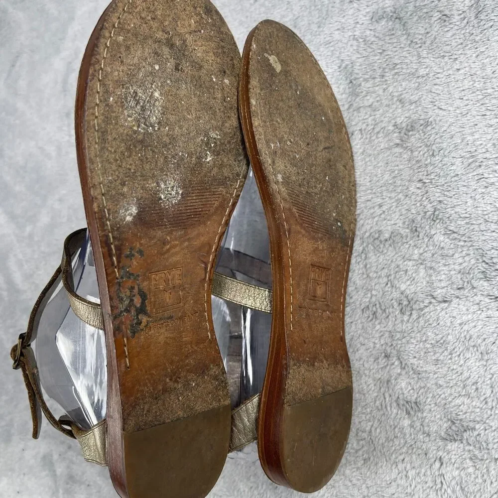 Frye Sandals Womens 7.5 Gold‎ Leather Rachel T Strap Strappy Boho